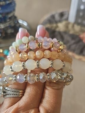 Handmade Iridescent & Pastel Beaded Stretch Bracelet Set